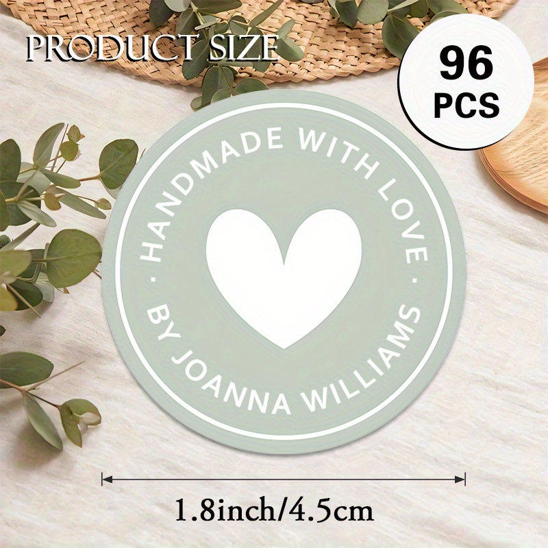 TEMU Custom 48/96pcs "handmade" Round Stickers, Personalizable With Artisan Name, Craft , Etc. - Minimalist Heart - Design, Suitable For Handmade