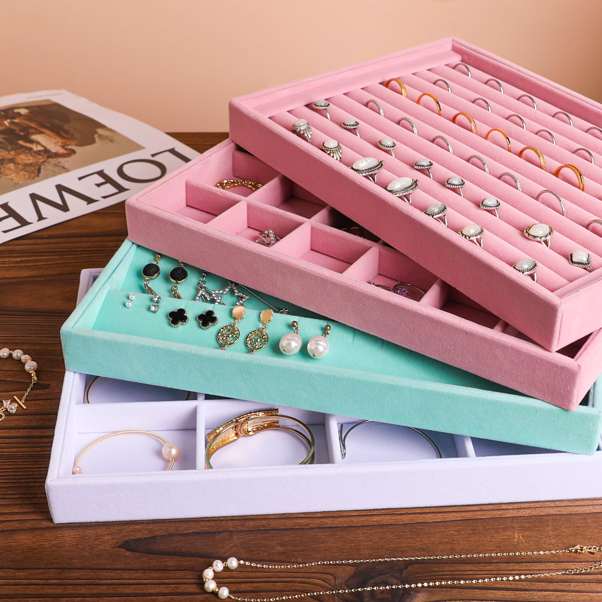4pcs Large Stackable Jewelry Tray Set with Drawer