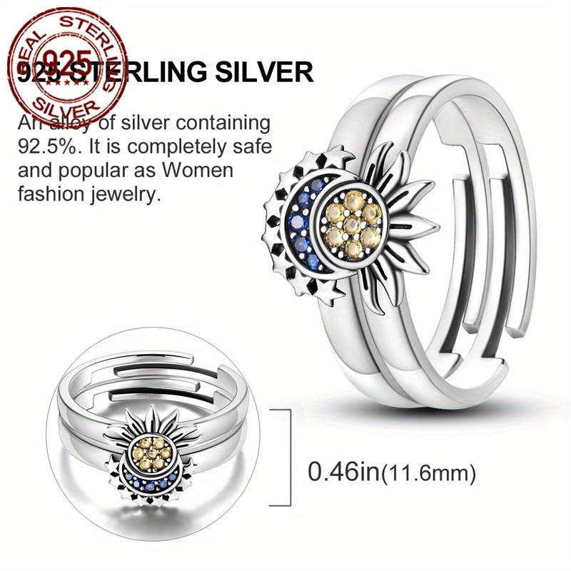 925 Silver Sun Moon Star Zirconia Ring Set Wedding Jewelry