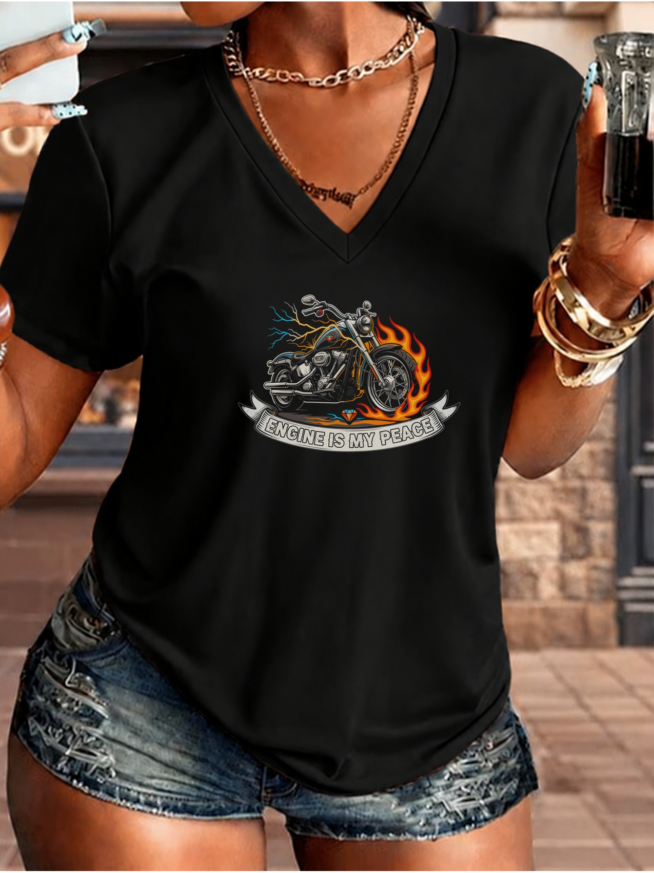 item picture womens v neck short sleeve tee casual print motorcycle with fire flames graphic and decorative lettering breathable everyday   and  