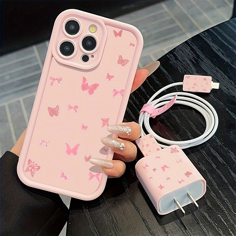 TEMU Phone Case - The Product Is A 2d Image, Not A 3d Image. 5pcs Set Of High Bamboo Pink Powder And Bow Phone Case Patterns, Charger Head Cover,