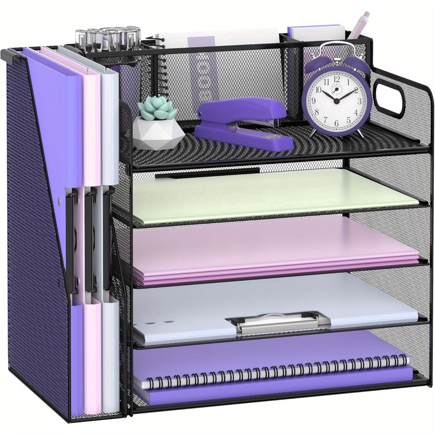 Daltack 5-tier Desk Organizer With File Holder And 3 Pen Holders, Mesh Paper Letter Tray For Office And Home Organization