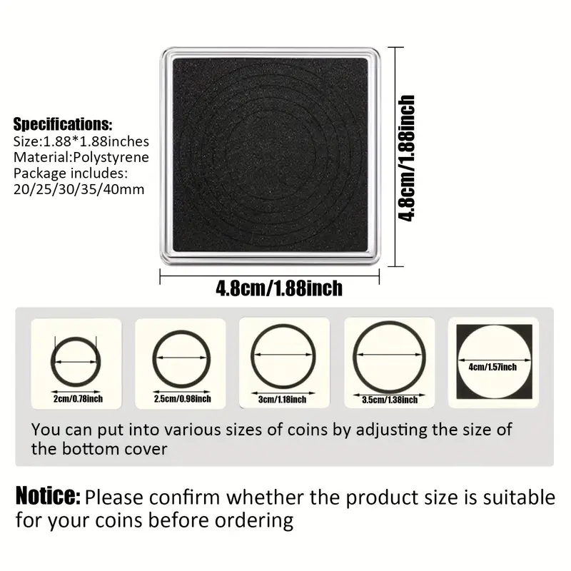 комплект из 20 защитных колпачков для для хранения в коробках с регулируемыми подставками в 5 размерах (20/25/30/35/40 мм), подходящий для различных памятных , , пенни, значков и карточек для хранения марок. надежное отображение - подарок для коллекционеров ! подробные сведения 3