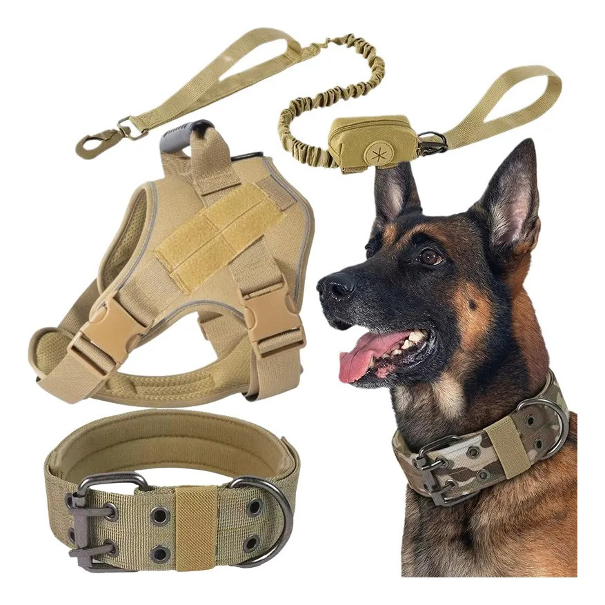 Heavy-Duty Tactical Dog Set, Adjustable Harness, Collar & Shock-Absorbing Leash