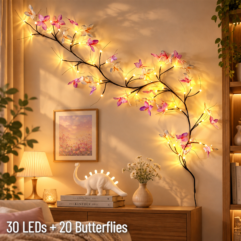 TEMU 1pc 50-bulb Rattan String Lights (30pcs Leds And 20pcs Butterflies), Usb Powered, 8 Modes. Artificial Branches With Lights, Usb Powered Willow