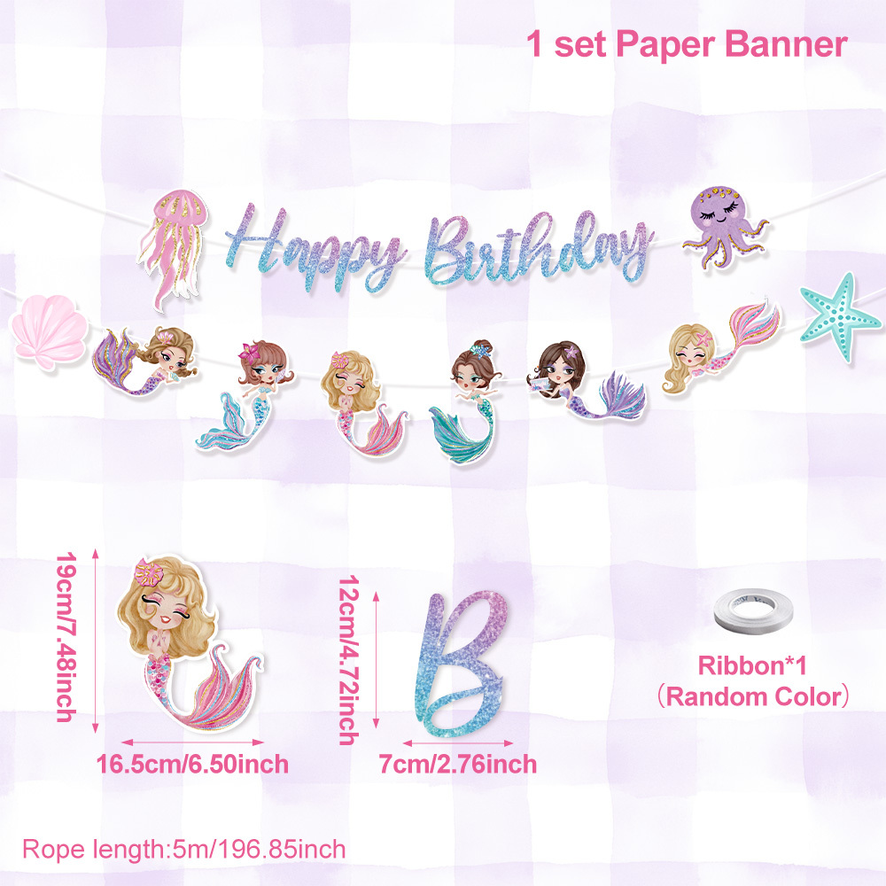 Image of 1 Set Multicolor Mermaid Happy Birthday Banner Paper Flag With 1pc Random Color Ribbon For Mermaid Birthday Party Decorations Supplies