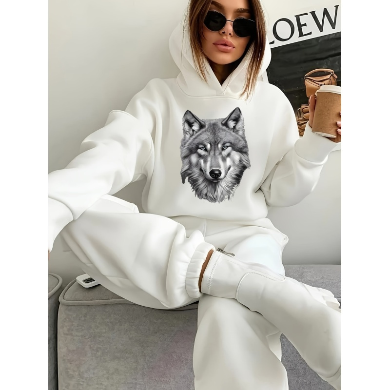 

1set Women's Casual Polyester Hoodie And Sweatpants Set With Wolf Print, Long Sleeve Hooded Loungewear, Animal Pattern Knit Fabric, Fall/winter Collection