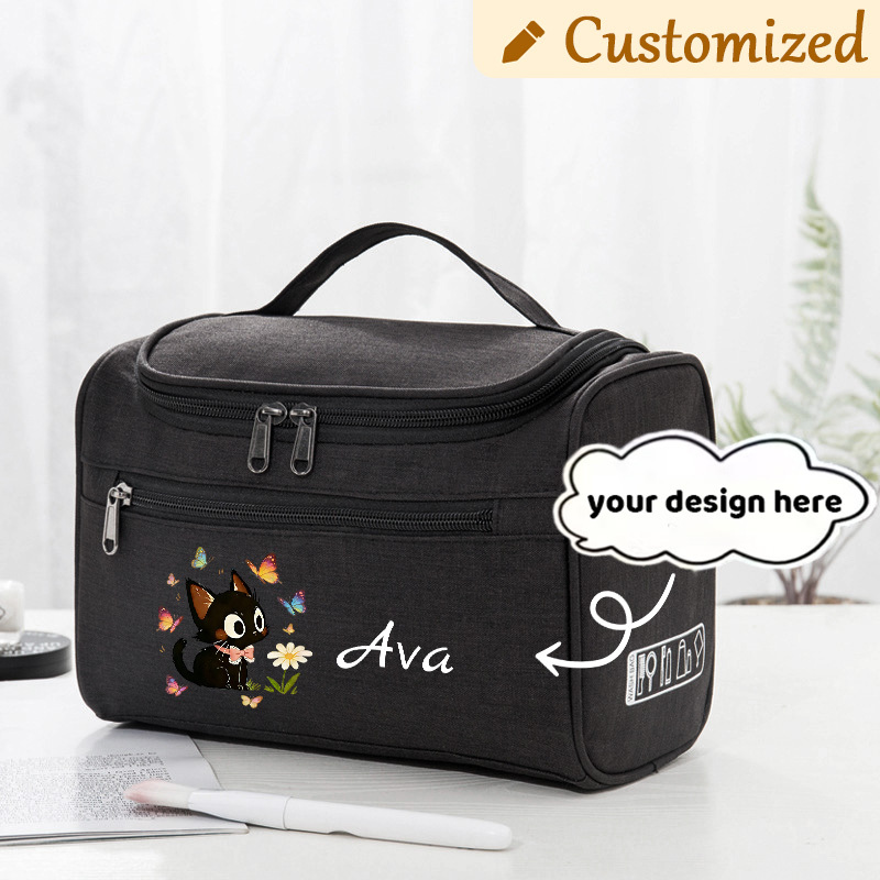 TEMU 2d Cute Black Cat And Toiletry Bag + Custom Name Pattern Toiletry Bag 25×14×18cm/9.8×5.5×7.1in Black Gray Blue Valentine's Day Birthday Season