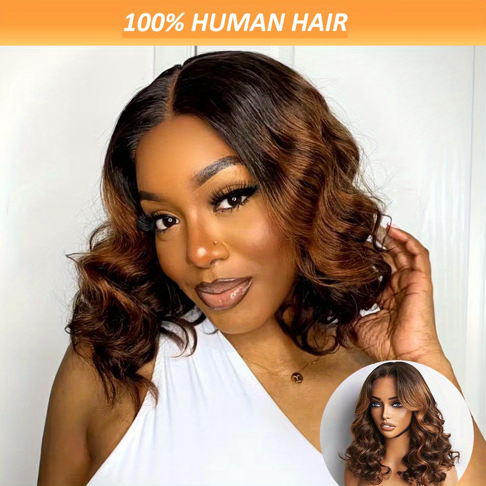 TEMU Perruque Bob Courte Colle en Cheveux Humains, 150%, Naturelles Ombrées Marron, Style , Dentelle 4x4, Pré-coupée, en L, Perruque Bob Frontale