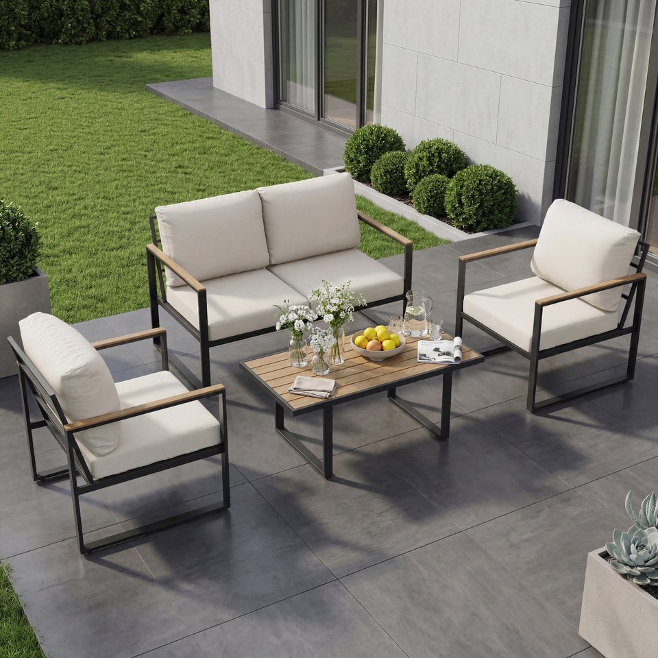 4pcs Outdoor Patio Furniture Set in Grey, Conversation Sofa Set with Metal Frame And All-Weather PE Rope Weaving, UV Resistant And Waterproof Couch with Table for Garden, Balcony, Backyard
