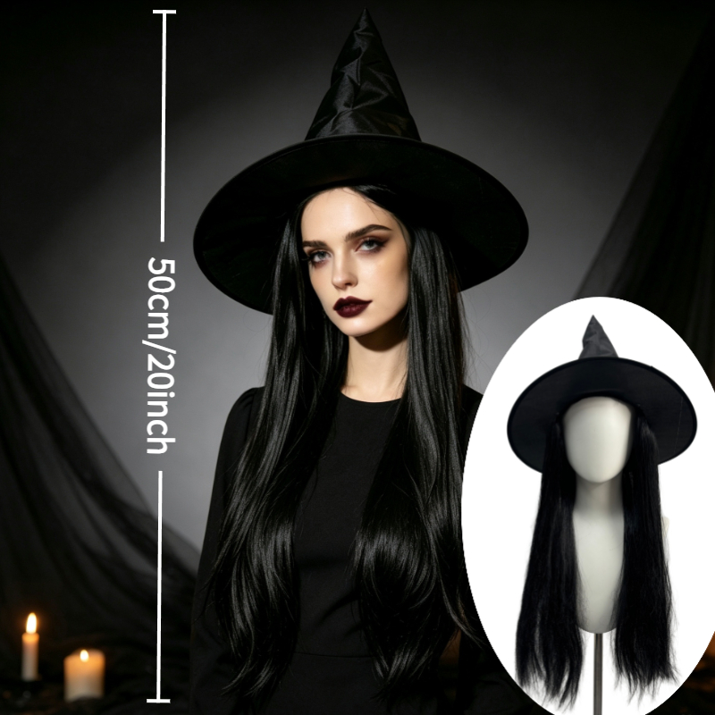 TEMU Halloween Activity Costume Styling, -one Hat Wig, Women's Pointed Top Witch Hat With Black Straight Hair, Classic Halloween Old Witch Look,