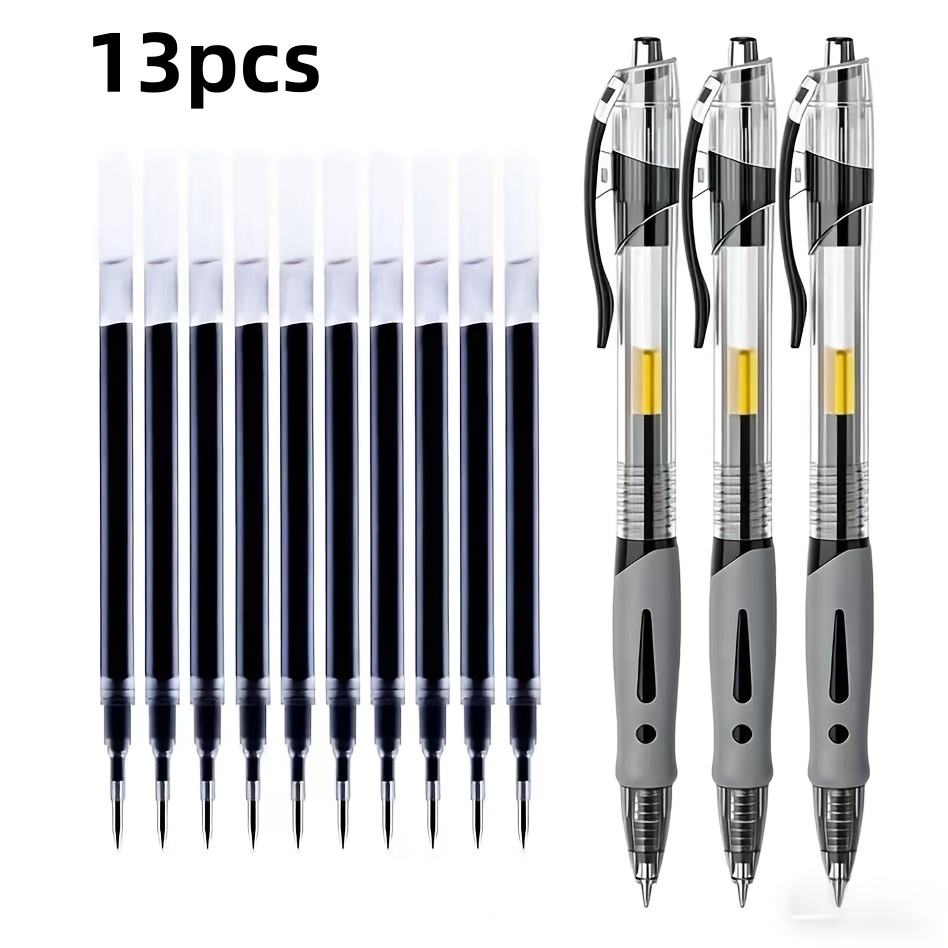 TEMU 13pcs High-capacity Gel Pen Set, Includes 3 Pens + 10 Refills, 5mm Fine Point, Black Ink, Comfortable Grip, Quick-drying, Smooth Writing, Ideal