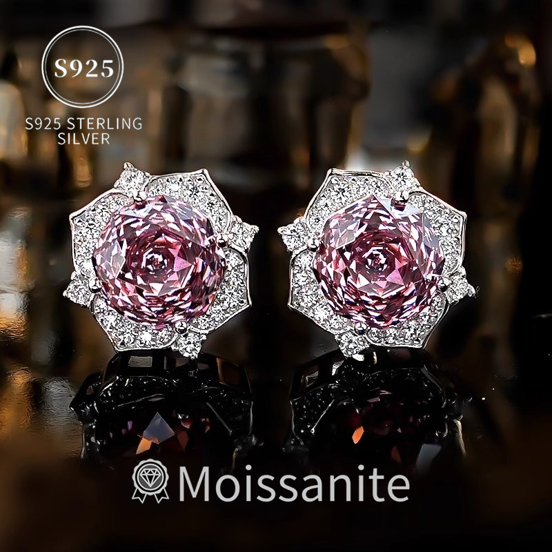 TEMU S925 Silver Earrings, Showcasing Fuchsia Flowers With 2 Carat Moissanite, 4 Carats Total, Is A Great Gift For Valentine's Day, High-quality