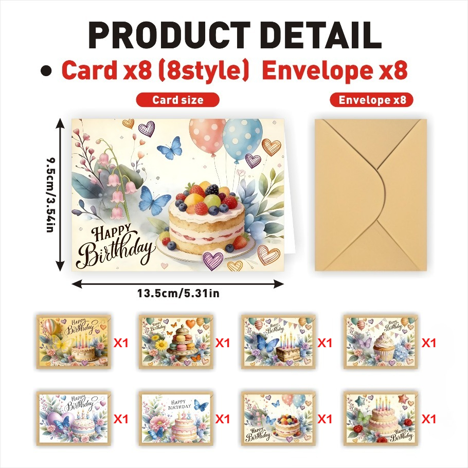 TEMU Ensemble de 16 cartes d'anniversaire - avec enveloppes, 8 uniques à la gouache, floraux et vintage , avec des papillons élégants, des ballons,