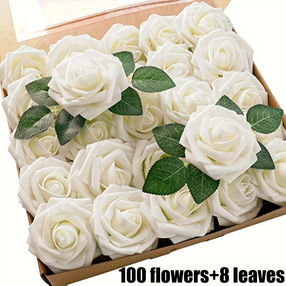 Image of 100 Delicate Artificial Roses With Stems, Foam False Roses With Realistic , Suitable For Wedding Bouquet Center Decoration, Flower Art Decoration, Bridal Party Home Decoration