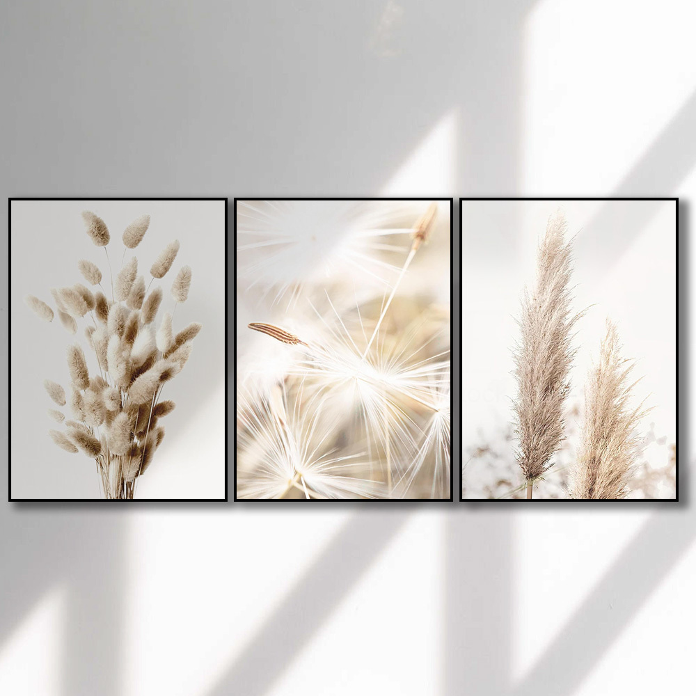 

3pcs Minimalist Botanical Art Set - Pampas Grass, Dandelion & Reed Plumes | Wall Decor For Bedroom Or Living Room | Canvas Prints, Fluffy, , Nature-inspired, Minimalist Decor Lovers