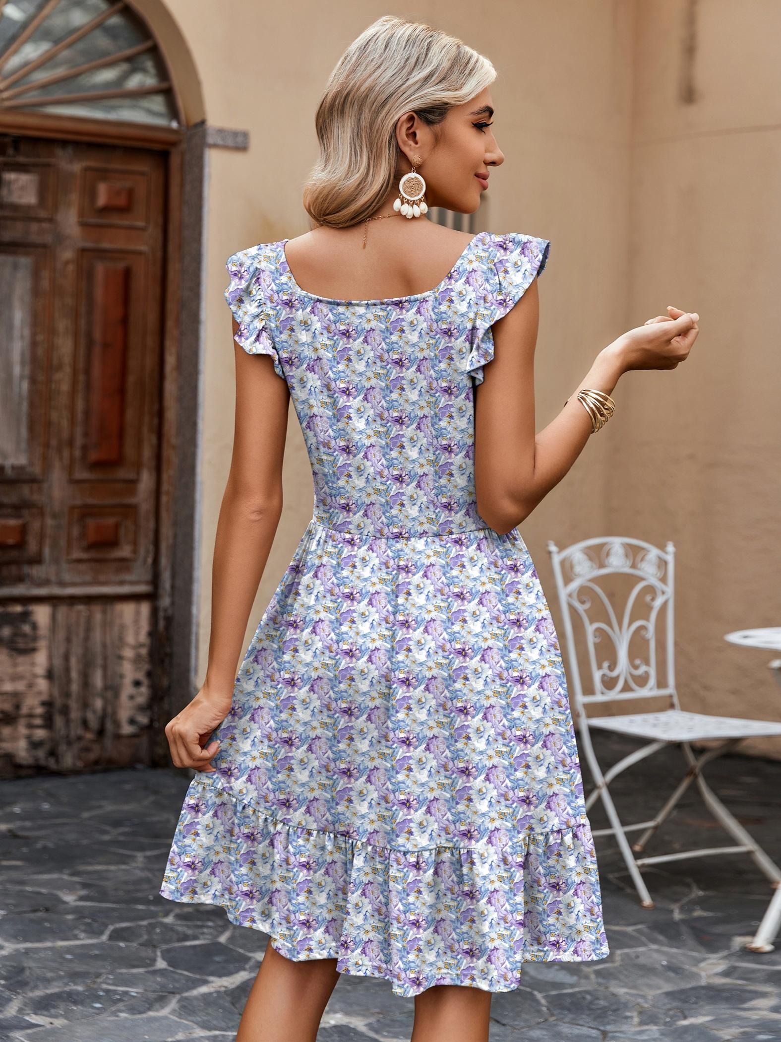 womens summer dress casual ruffle tiered floral square neck - Temu