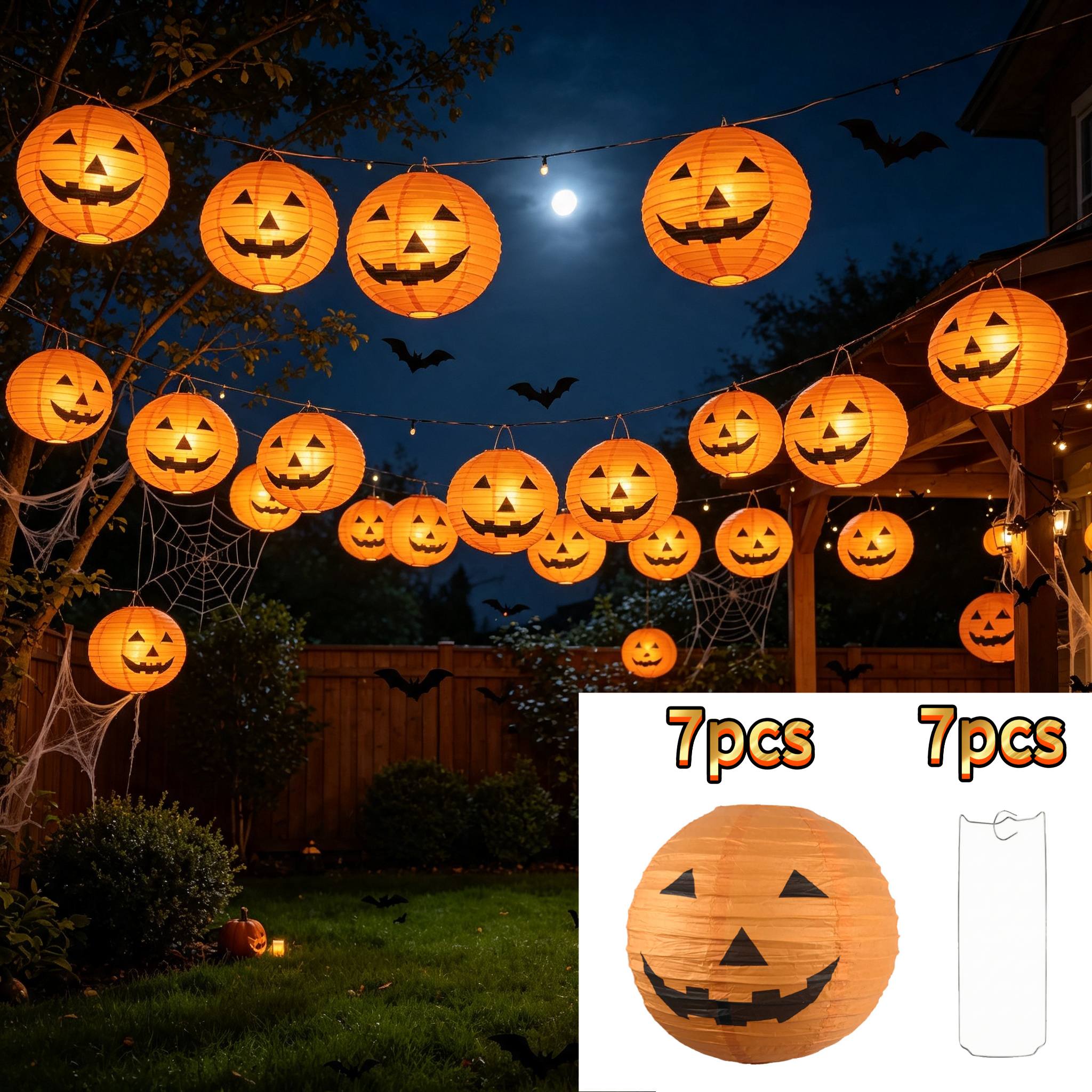 TEMU Juego de 14 piezas de decoraciones de farolillos de papel de calabaza de Halloween , farolillos y soportes de metal, para colgar en el hogar en