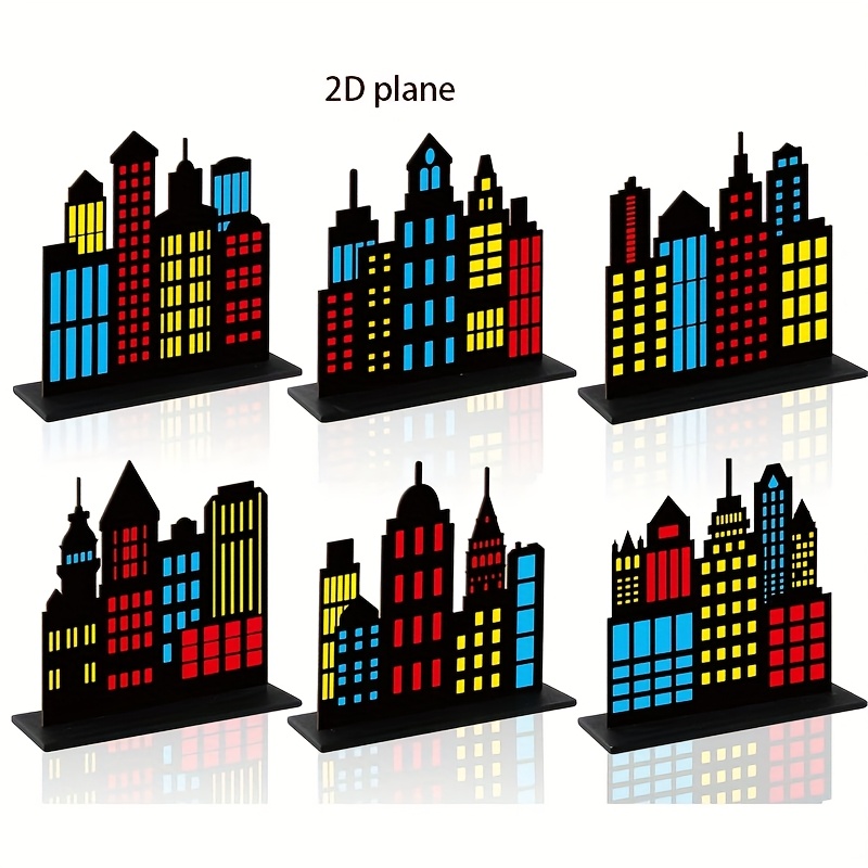 TEMU 2d Flat, 6pcs Hero-themed Party Decorations, 2d Flat Wooden Centerpiece With Colorful City Building , Tabletop Decor Sign, Hero Cityscape Desk
