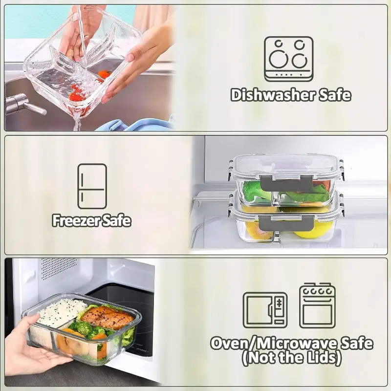 2025 glass meal prep containers 3 compartment with lids microwave oven dishwasher safe rectangular food storage containers for lunch portion control back to school bento box lunch box Product details 6