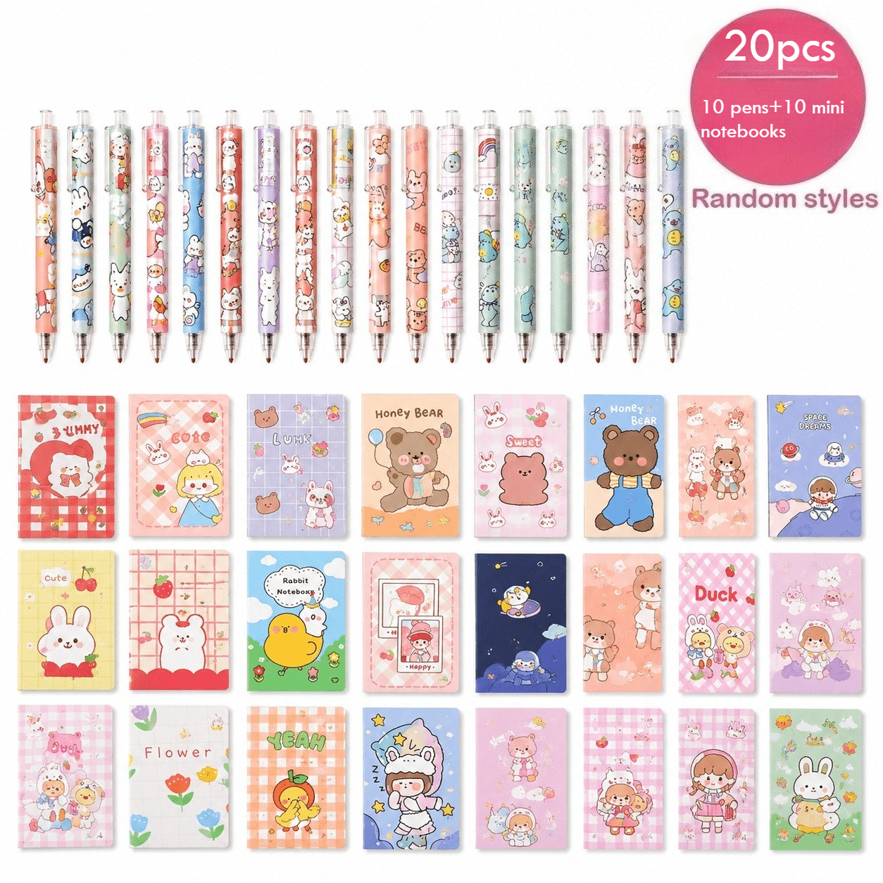 TEMU Random 20pcs Cartoon Kawaii Stationery Gift Set, 10pcs Mini Notebooks With 10pcs Cute Pens Set, Random Styles, Bulk Pocket Lined Notebooks, Cute