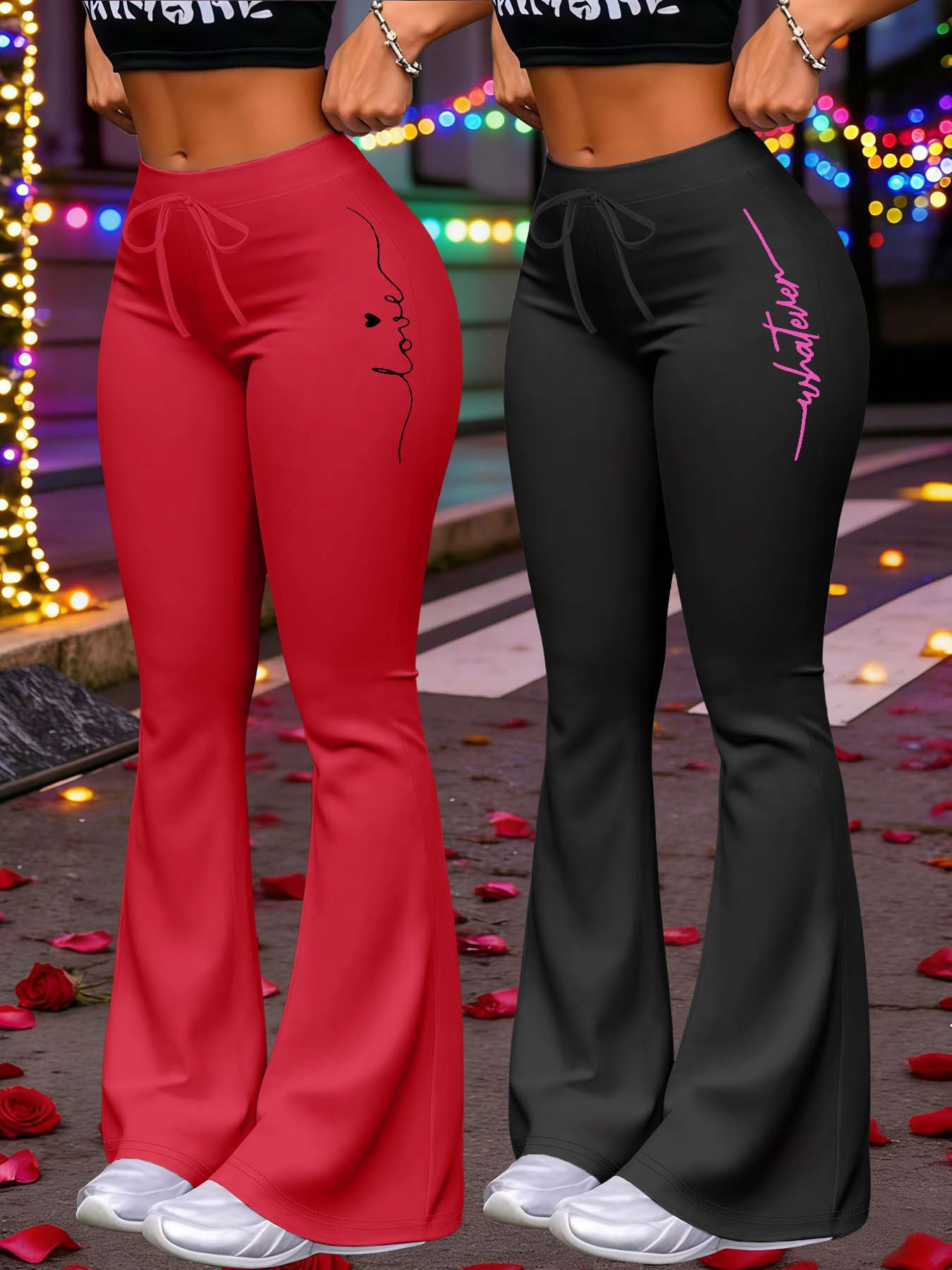 New Women'S Fashion for Valentine'S Day 2026 Featuring Stylish, Lightweight Artistic Minimalist Lines And Casual Attitude Text Prints. Includes High-Waisted Drawstring Slim-Fit Stretchy Flared Straight Pants in a Two-Piece Set