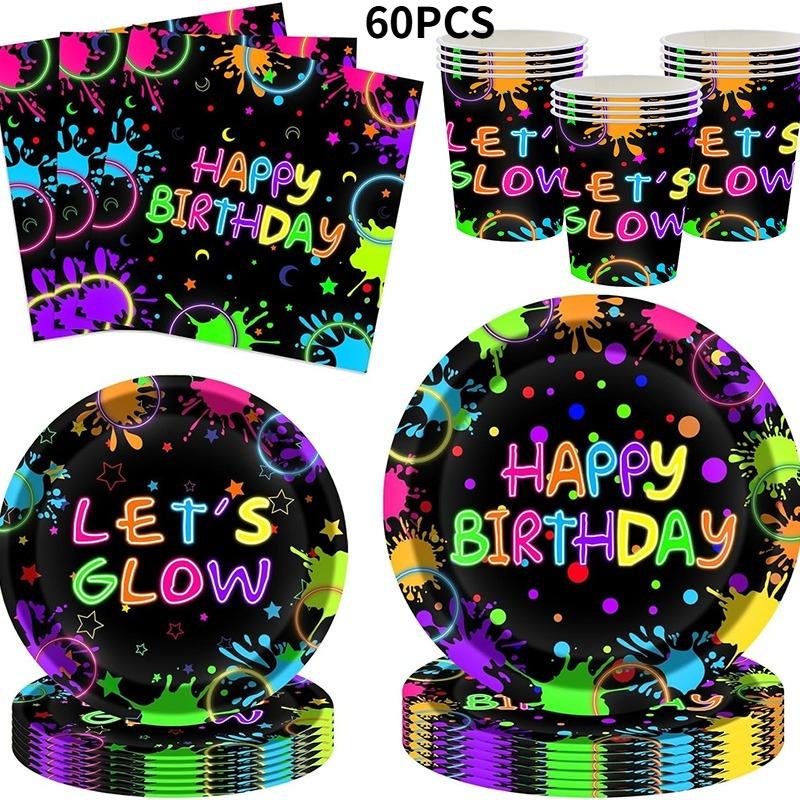 Image of 60pcs -the-dark Birthday Party Supplies Set | Includes Plates, Cups, Napkins, Suitable For Evening Dances, Parties, Concerts, Birthdays, Holiday Decorations, And Celebrations With A Festive Atmosphere