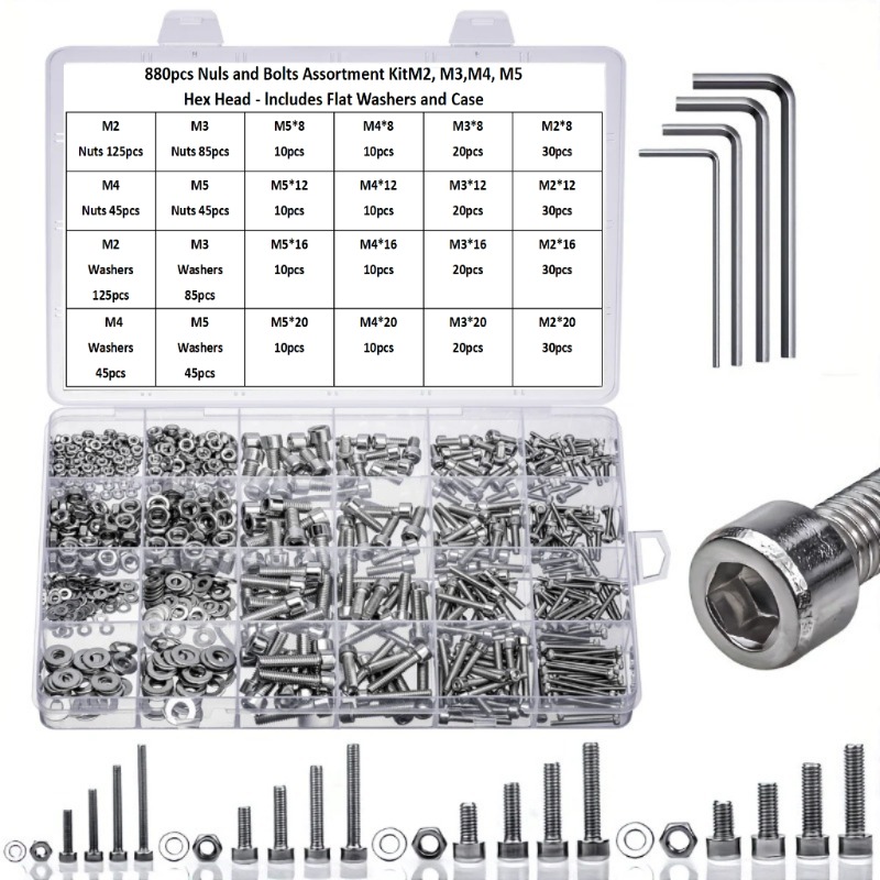 TEMU Kit d'assortiment de 880 pièces de vis à tête bombée à six pans creux M2 M3 M4 M5 en acier, vis à douille Allen métriques pour la fabrication de
