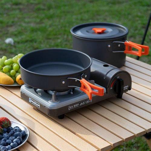 camping cookware kit aluminum alloy outdoor portable cooking set pot pan kettle foldable storage outdoor picnic cookware set kettle frying pan soup pot igniter storage bag adapter supplies portable cookware pot with storage bag and outdoor camping