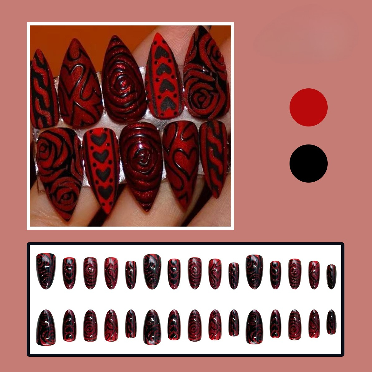 60 Semi-handmade Red Cat Eye Nail Art Pieces Featuring A Black Design, Perfect For Valentine's Day, Designed For Women
