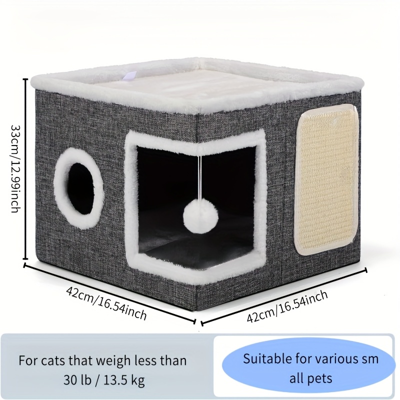 TEMU Luxurious Multi-level Cat Bed With Double-layer Bed, Toy Tunnel, And Foldable Scratching Post - Comfortable Indoor Cat Cube Bed With Plush