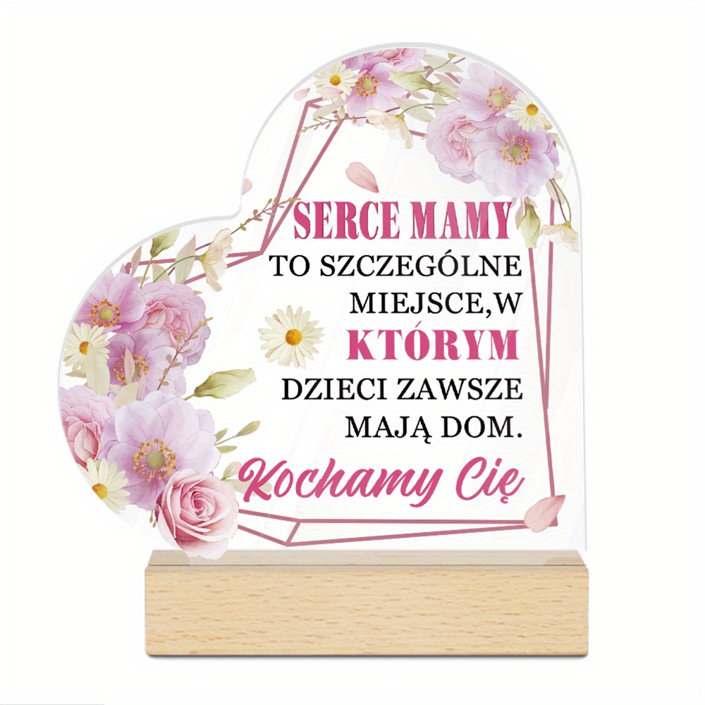 TEMU 2d Flat Putuo Decor 1pc Polish Heart Shaped Acrylic Sign Wooden Base Table Decor, Special , Desktop Decoration For Mom, Gift For Birthdays,