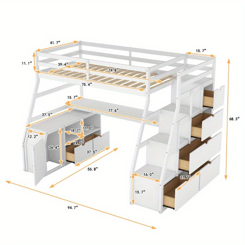 Popular Products Double Loft Bed with 7 Drawers, 2 Shelves And Bookshelf-White