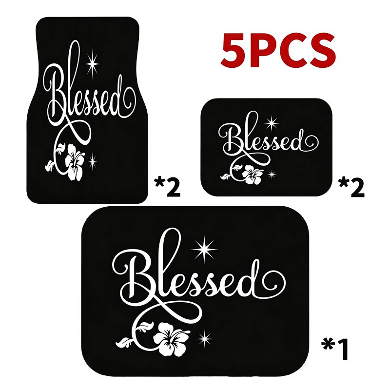 5pcs Universal Car Trunk Mat And Car Floor Mats, Blessed With Elegant Script And Sparkle Accents, 100% Polyester Fiber, Non-slip Protective Car Interior Additions, Decor For Interiors