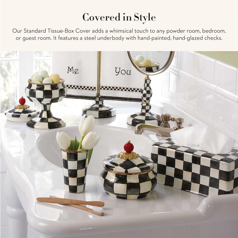 1pc elegant black and white checkered tissue box cover with golden accent -   decor, durable round tissue holder with hinged lid, fits standard tissues, decorative storage box for living room, bathroom, bedroom - ideal housewarming gift ( /beige) -   decor accessory with   check pattern,   powder rooms & guest rooms, sophisticated use Product details 1