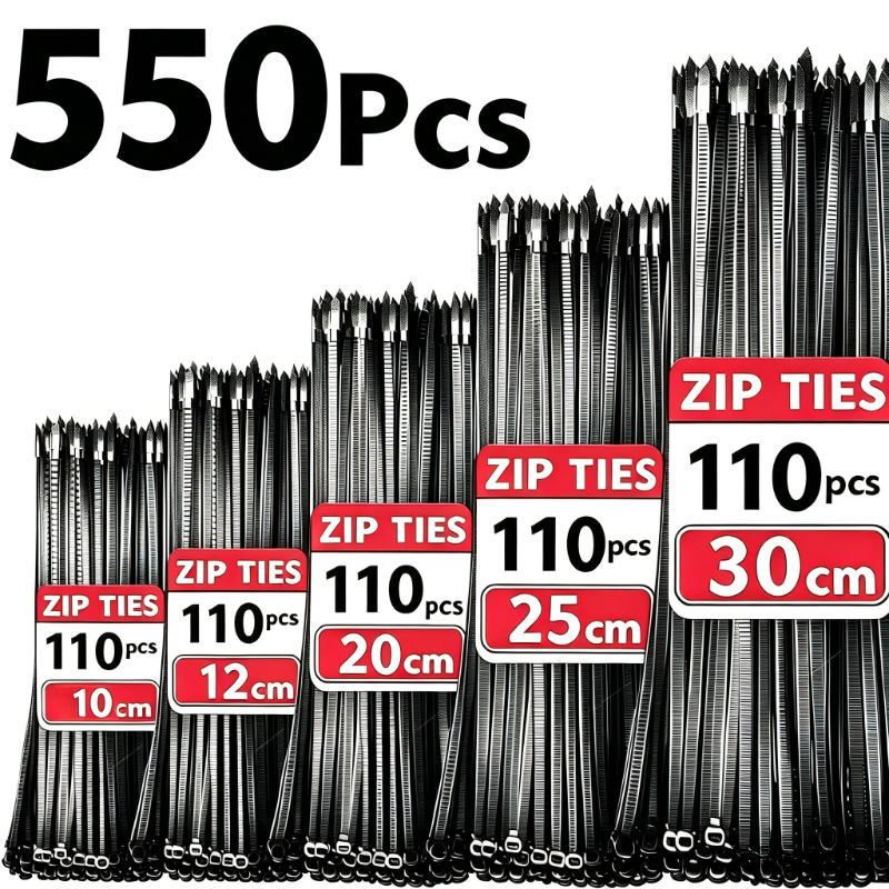 TEMU 100+120+250+300mm Nylon Zwarte Heavy-Duty Kabelbinders, Zelfsluitende Verstelbaar, Duurzaam Nylon Materiaal, Verbeterde Duurzaamheid, Geschikt
