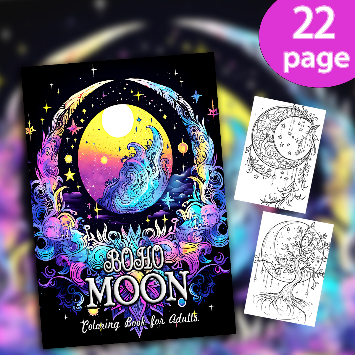 

1pc Moon Adult Coloring Book, 22 Pages, Mixed Colors, Watercolor Paper, Unique Cover, , With Ideal Gift For Valentine's, Christmas, Halloween, New Year, Birthday, Party