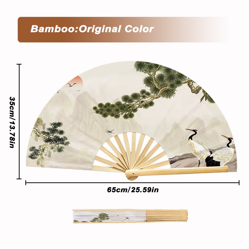 TEMU 1pc 2d Traditional Chinese Style Decorative Craft Fan, Bamboo-wood Original Color Rib With Pine And Red- Crane Mountain Pattern, Multiple