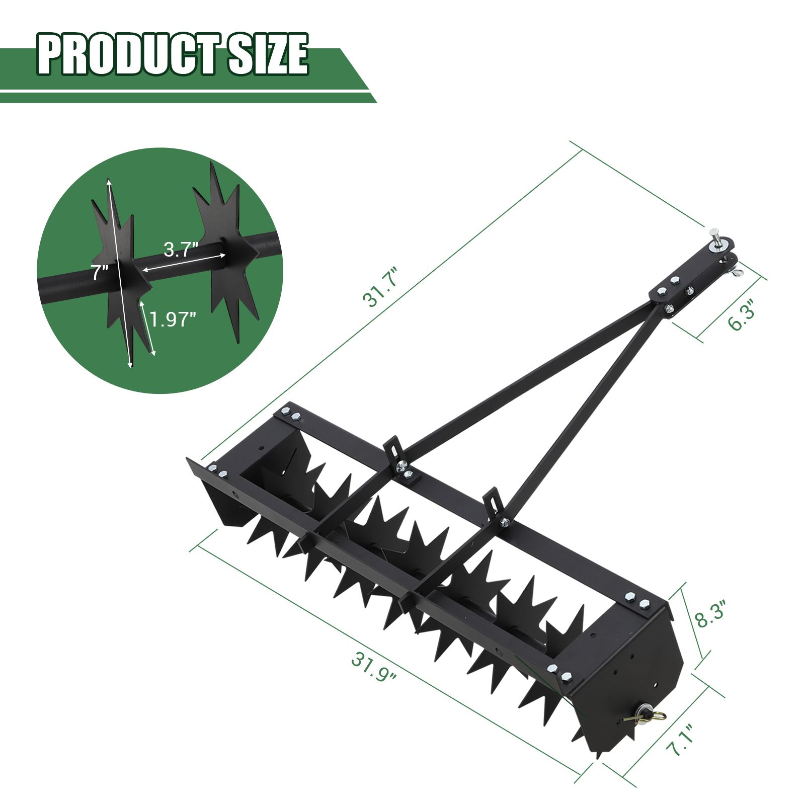 Image of 32 Inch Heavy-duty Tow-behind Spike Aerator Roller With 8 Steel Spike Disks & Drum System - Lawn Aerator Tool Suitable For Farming, Garden, Yard, For Lawns, , Soil Aeration, Steel