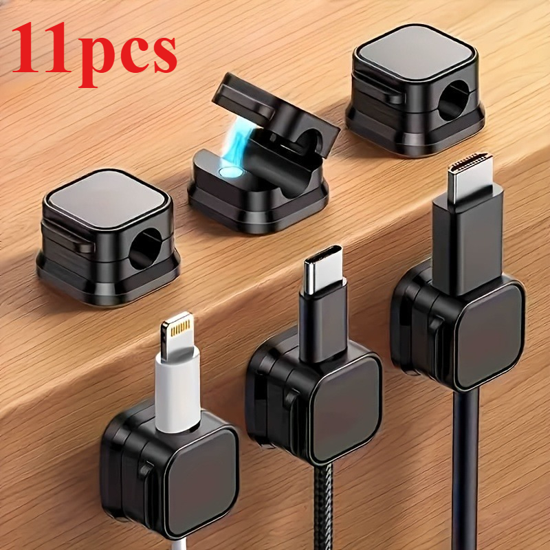 TEMU 11pcs Pack Magnetic Cable Management Clamps - Heavy-duty Plastic Desktop Organizer With Hidden Charging Ports, Space-saving Cable Holder For