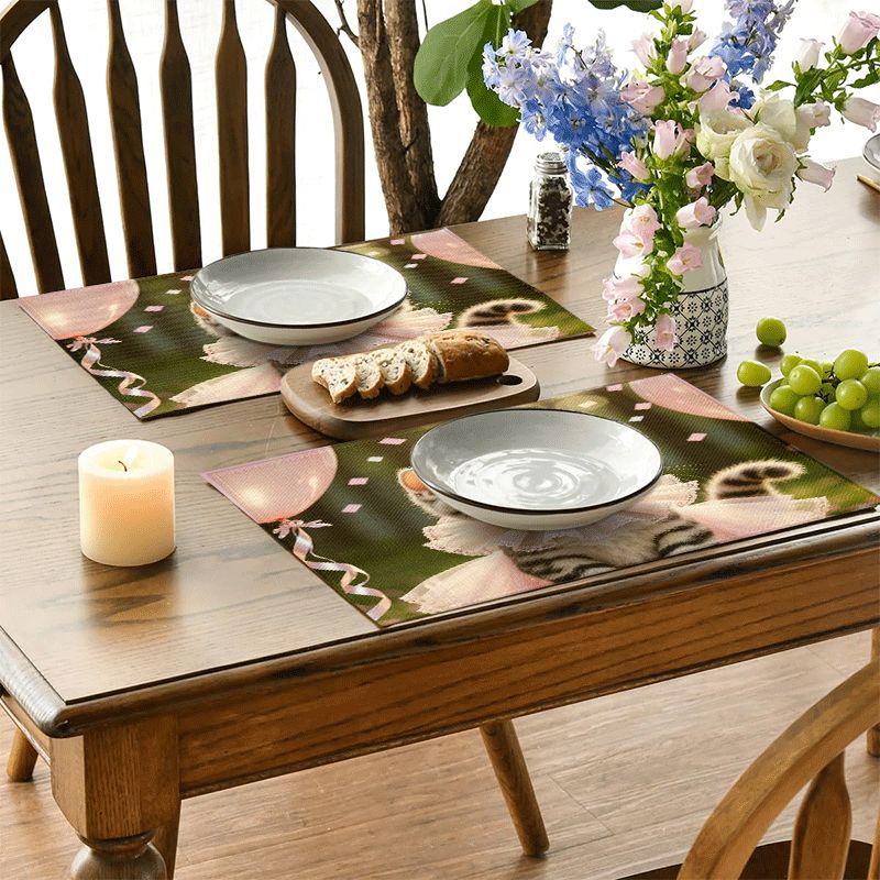 Lot de 1/4/6 sets de table rectangulaires - 30,48 x 45,72 cm - Sets de table rose chaton pour anniversaire avec motif 2D, sets de table en polyester résistant et lavable_voghion.com