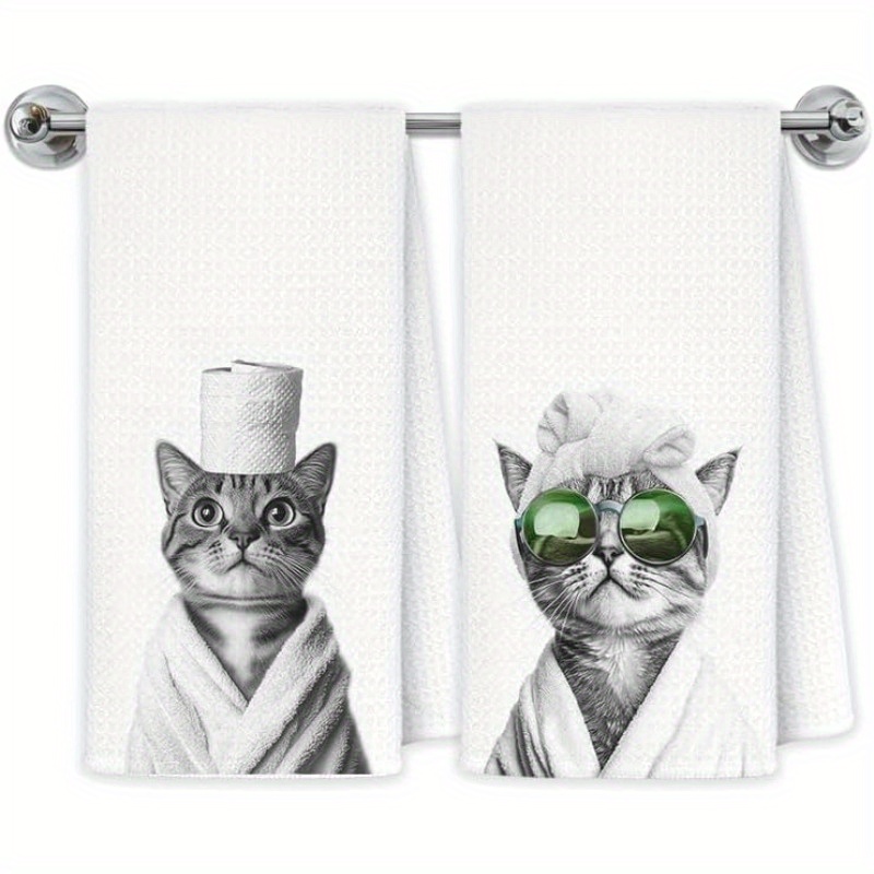 TEMU Lot de 2 chiffons de vaisselle et torchons amusants avec chat - Chaton adorable avec lunettes de mode, lavables en machine, cadeau pour amoureux