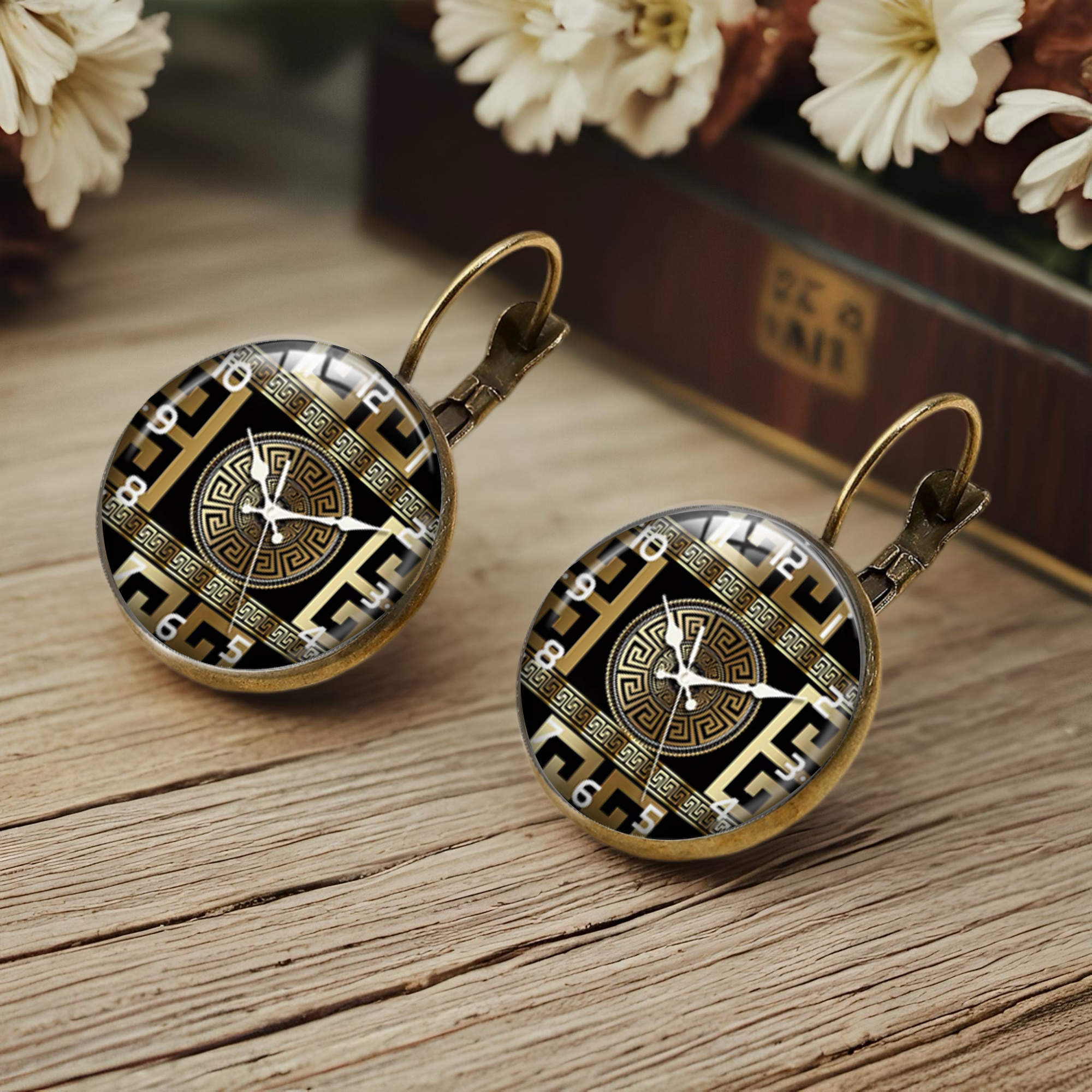 Neoclassical Greek-Style Mandala Clock Face Earrings