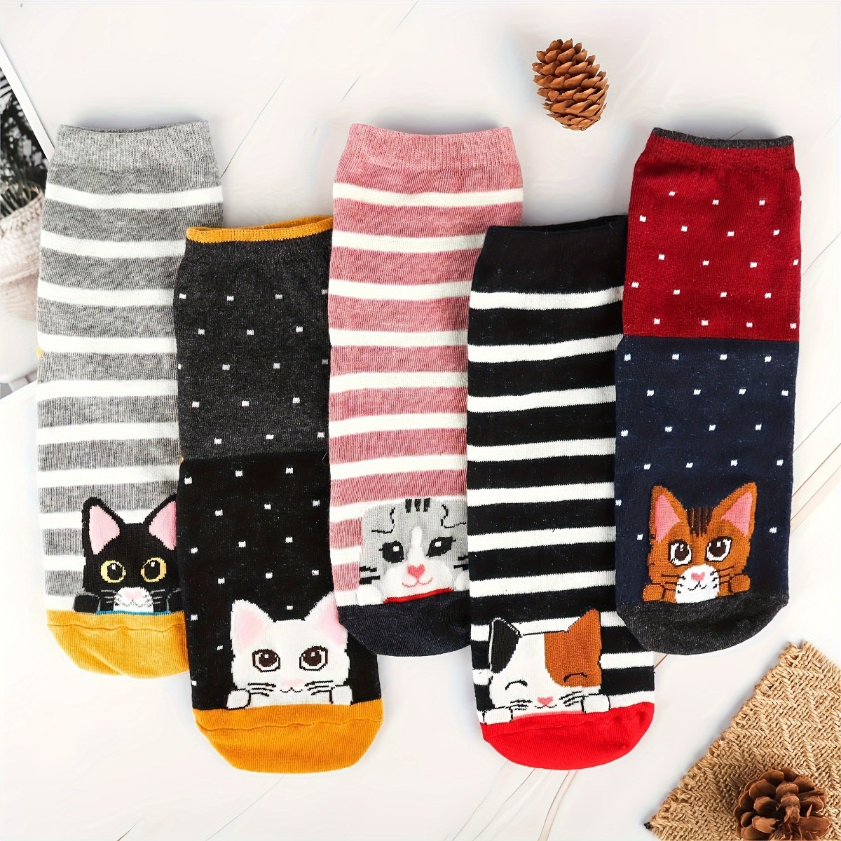 Image of 5 Pairs Cute Cartoon Cat Socks - Comfortable, Breathable, Soft, Elastic, Spandex, Machine Washable, Suitable For Athleisure Wear, Socks