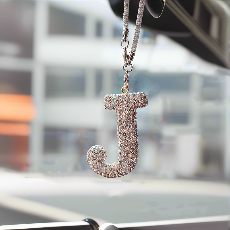 TEMU Alphabet Letter Pendant For Vehicle Mirror, Sparkling Rhinestone Hanging Charm, Reflective Ornament- Durable Metal Material