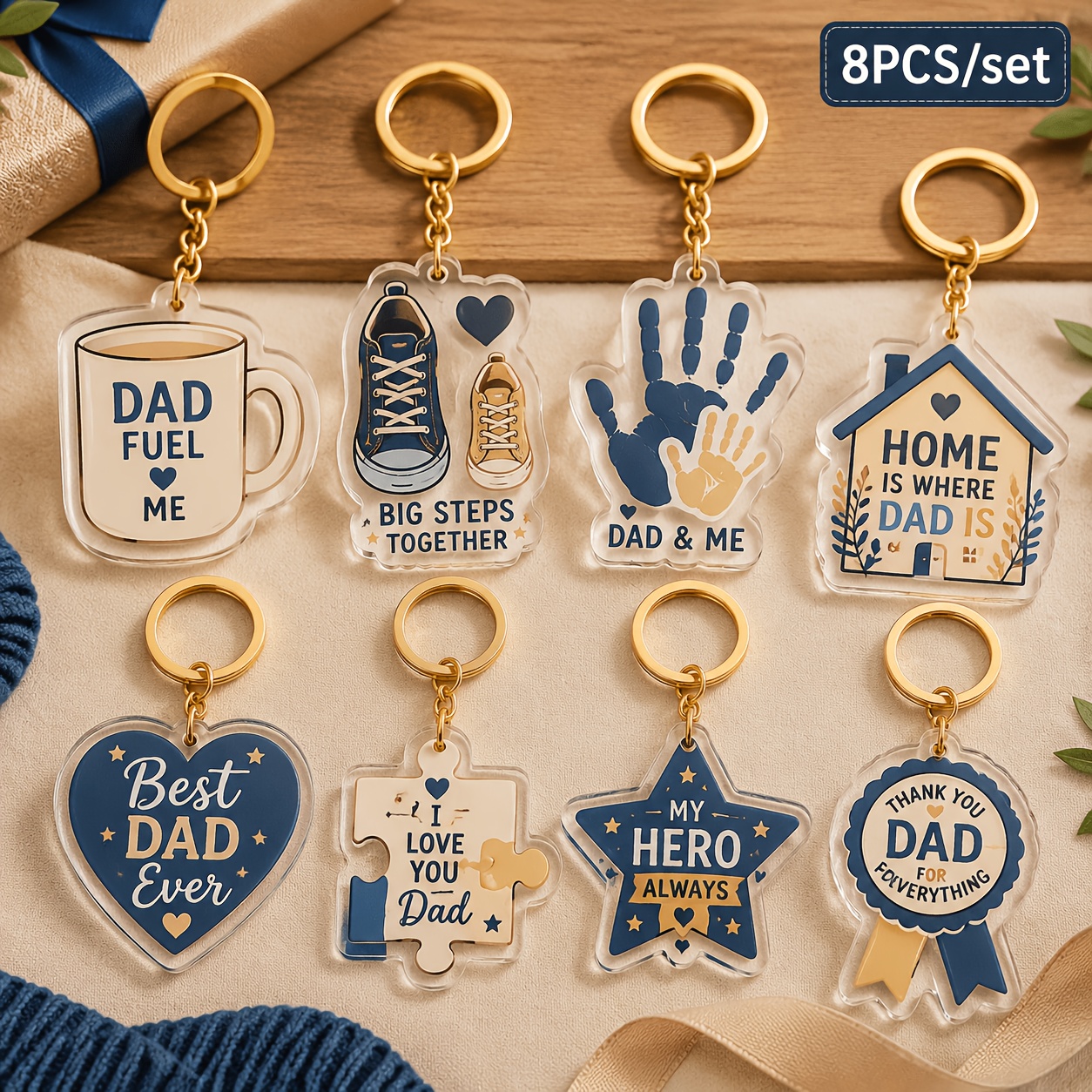 TEMU 2d Flat, Women's 2d Style, 8pcs Set Of Transparent Durable Acrylic Father-themed Message Keychains, Thoughtful Father's Day Birthday Gift, Car