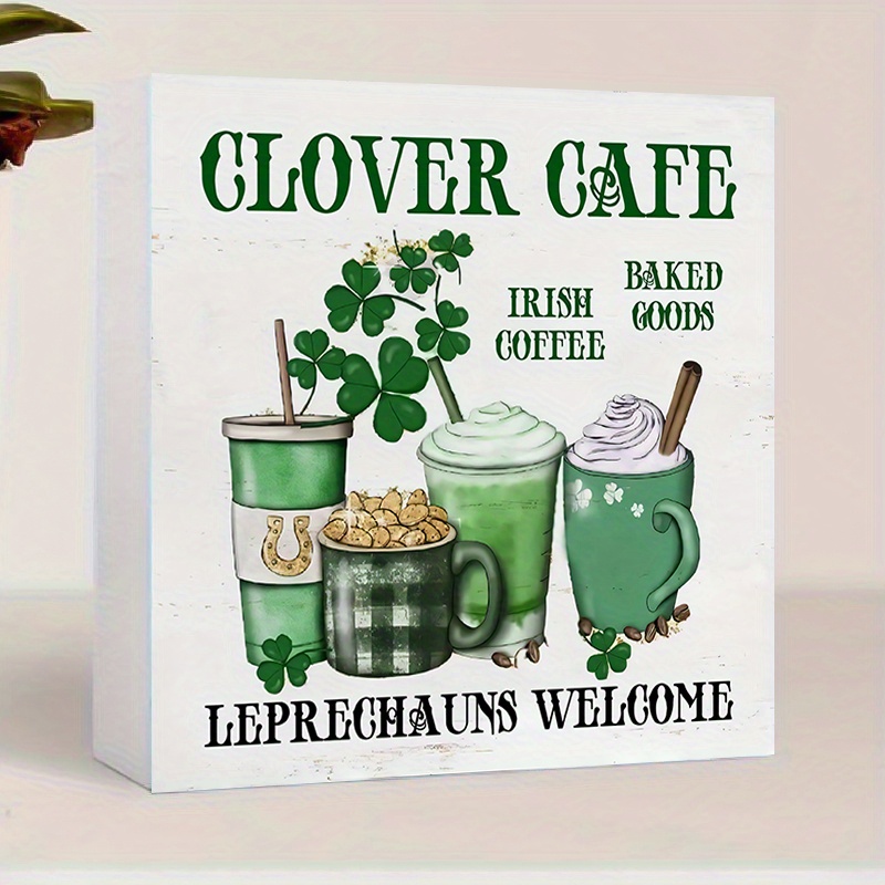 

1pc Clover Cafe Pvc Sign, Farmhouse Style 's Day Desktop Decor, Irish Coffee & Baked Goods Design, Non-electric, Featherless, For Home, Bar, Party Decorations & Gifts