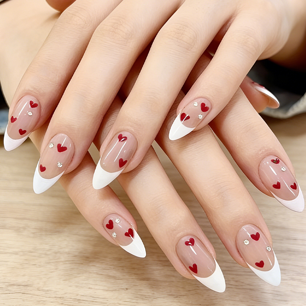 TEMU 24pcs Almond Press On Nails, White French Tip With Red Heart & Rhinestone Design, Nude Base Glossy Fake Nails, Full Cover Reusable Acrylic Nails