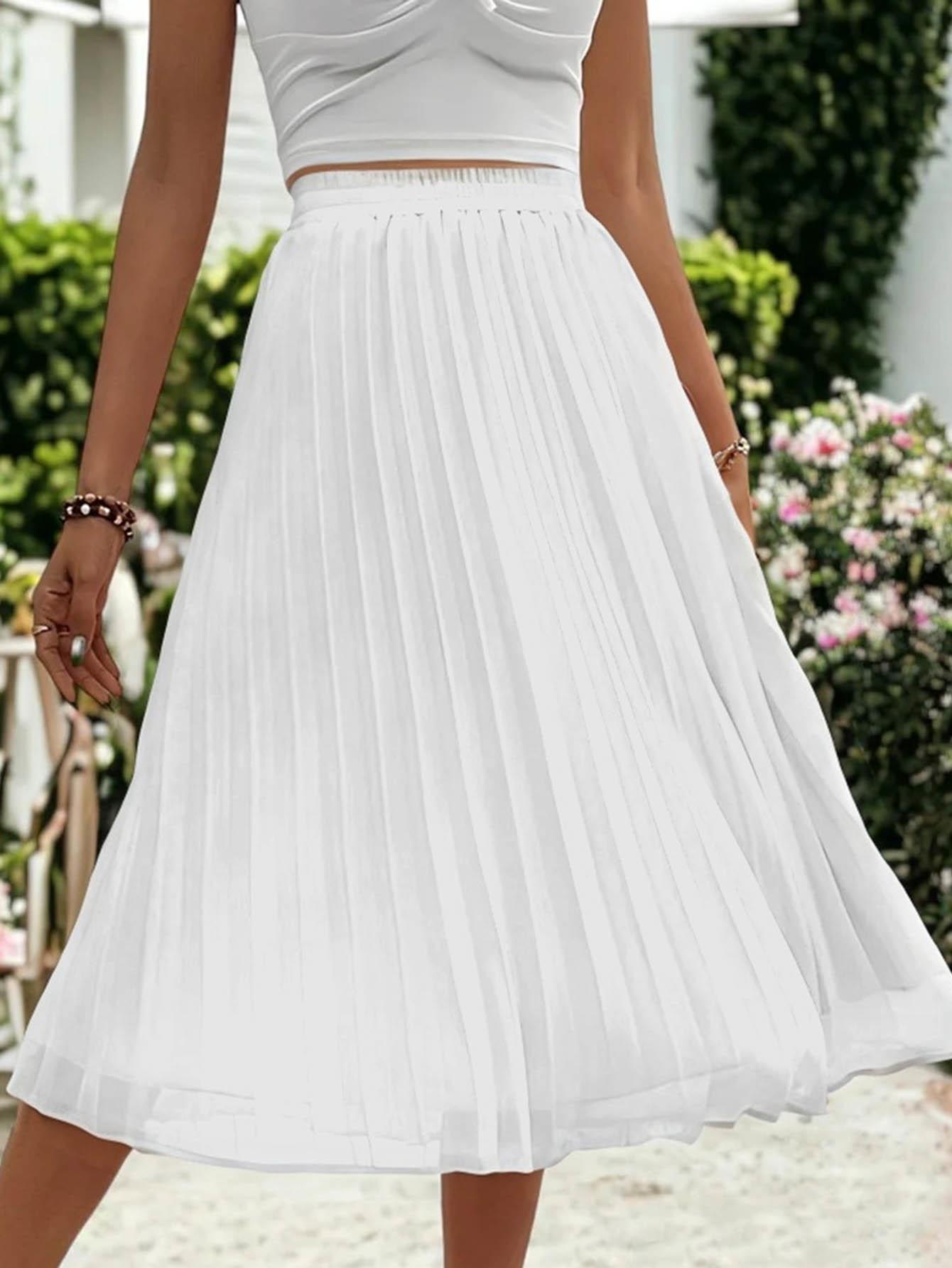 chic elegant pure elastic waist pleated midi dress idea to   all match woman clothes white 4