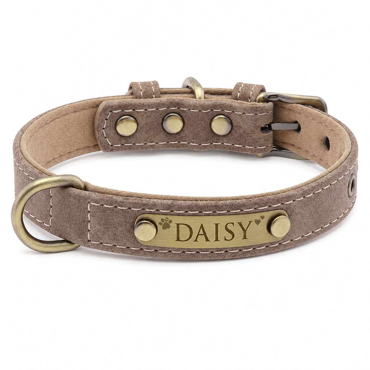TEMU Personalized Engraved Id Tag Faux Leather Dog Collar With Heart Paw Print Design Adjustable Pet Collar For Small Medium Dogs Cats Breathable